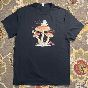 Black Graphic T-Shirt with Mushroom & Frog Design